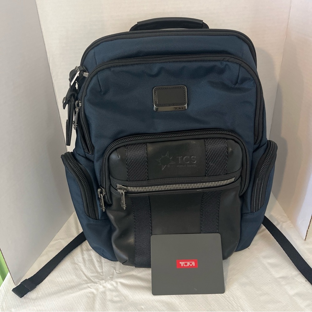 Tumi Alpha Bravo Nellis Nylon Backpack Navy Blue Black Leather TCS Travel Logo